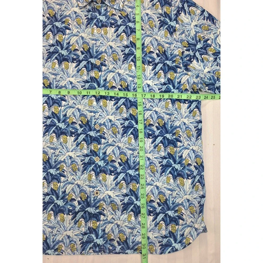 Tommy Bahama Mens Large Blue Tropical Palm Pineapple Tencel Cotton Aloha Shirt